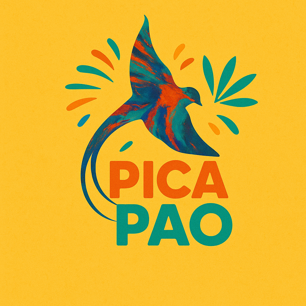 Logo Pica Pao — un oiseau stylisé multicolore au-dessus du texte Pica Pao
